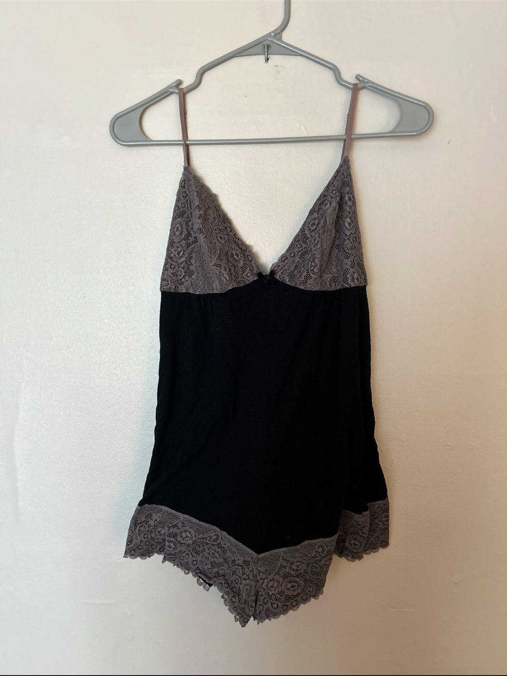 Black Romper with Muted Pink Lace Trim